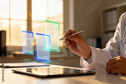 Doctor reviewing digital medical records in office