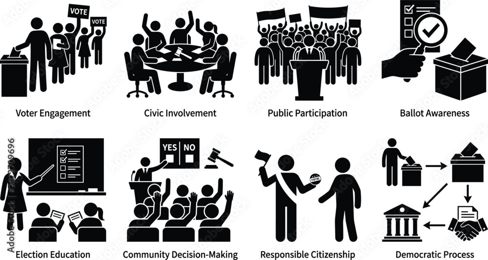 Fototapeta premium Democracy and Civic Participation Silhouette Collection with Voting Elections Public Engagement and Responsible Citizenship