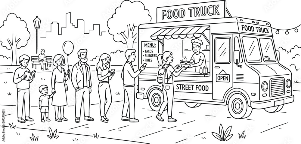 Obraz premium Food truck street festival coloring page featuring people queuing in park line art vector illustration collection