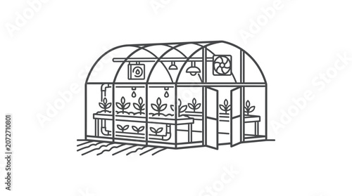 Large commercial greenhouse structure with interior plant shelving icon.