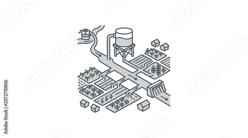Isometric farm irrigation system and water tower icon.