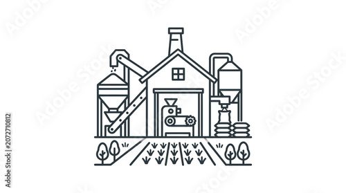 Large industrial farm processing factory and silos icon.