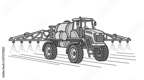 Large self-propelled agricultural sprayer machine in a field.