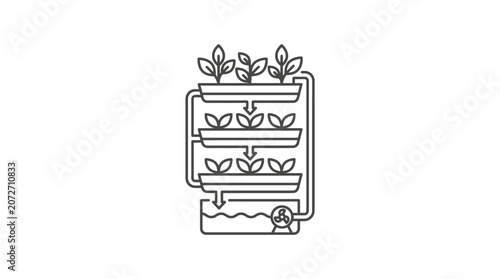 Line art illustration of a multi-tiered hydroponic garden system.