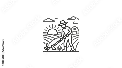 Line art farmer hoeing field at sunrise with barn.