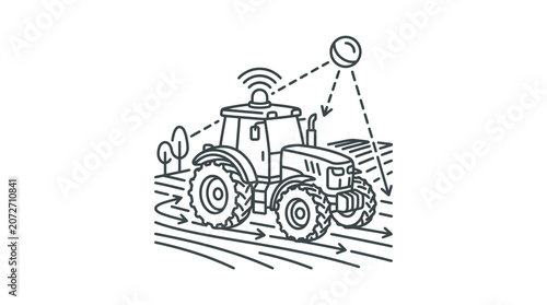 Line art illustration of modern tractor working in field.