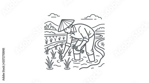 Line art of Asian rice farmer in paddy field.