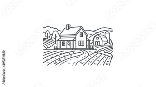 Line art landscape of farmhouse barn and rolling fields.