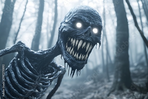 A monstrous figure with textured dark skin and a wide toothy grin dominates the foreground of a dark forest scene