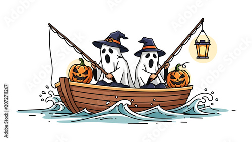 Bild auf Leinwand Spooky Fishing Expedition: Two whimsical ghosts in witch hats cast their fishing lines from a boat on choppy water, accompanied by jack-o'-lanterns and a glowing lantern