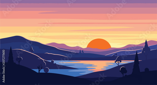 Bild auf Leinwand A colorful digital illustration of a serene sunset over a lake and rolling hills