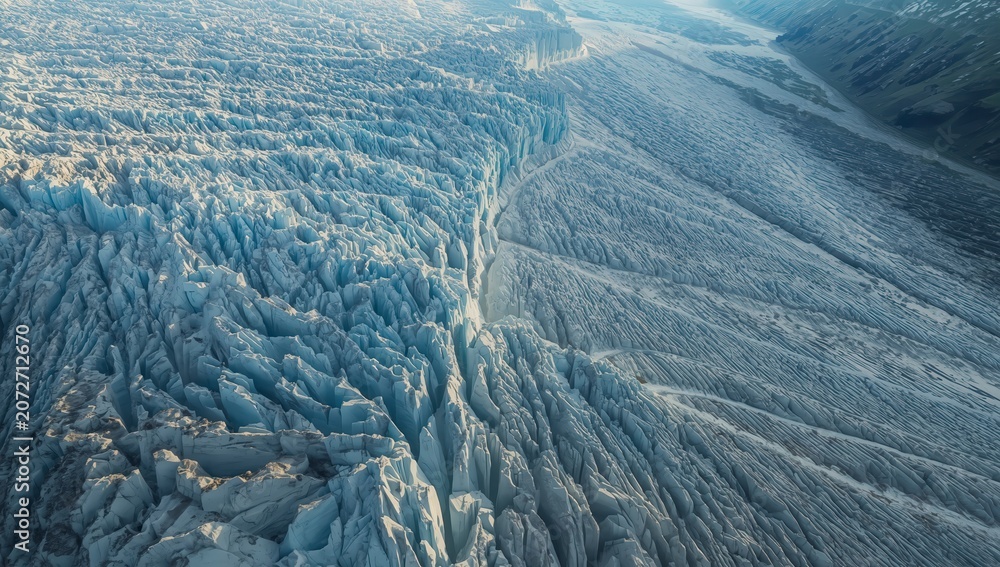 Fototapeta premium Aerial winter landscape of snow-covered Alps and icy mountains meeting ocean horizon under frozen blue sky and clouds