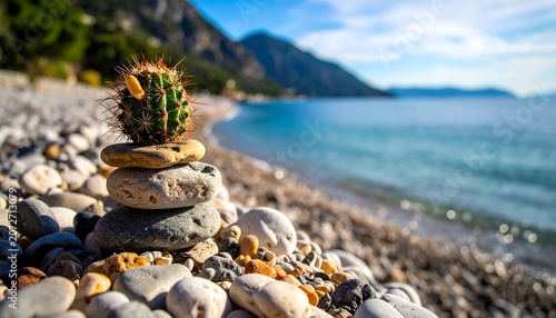 A cactus perches atop stones, on a pebbled beach, facing the ocean