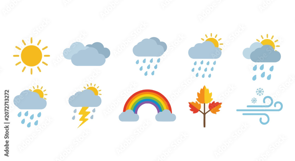 Fototapeta premium Flat weather icons representing various atmospheric conditions