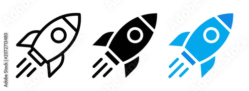 Schilderij op canvas Vibrant trio of stylized rocket icons ascending with dynamic flames, featuring s