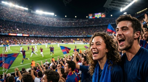 Excited young couple cheering for their soccer team in a packed stadium at night