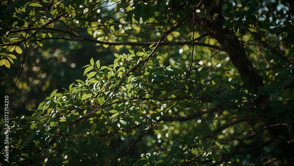 Fototapeta premium Lush Green Tree Branches with Bright Sunlight Filtering Through Foliage