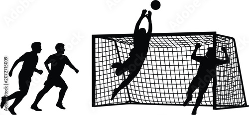 Принти на полотні Soccer goalkeeper save silhouette vector, football players defending goal during