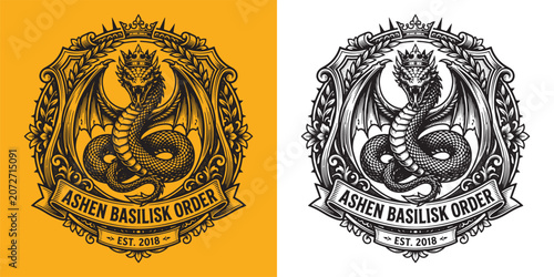 Foto Ornate Ashen Basilisk Order shield emblem logo design