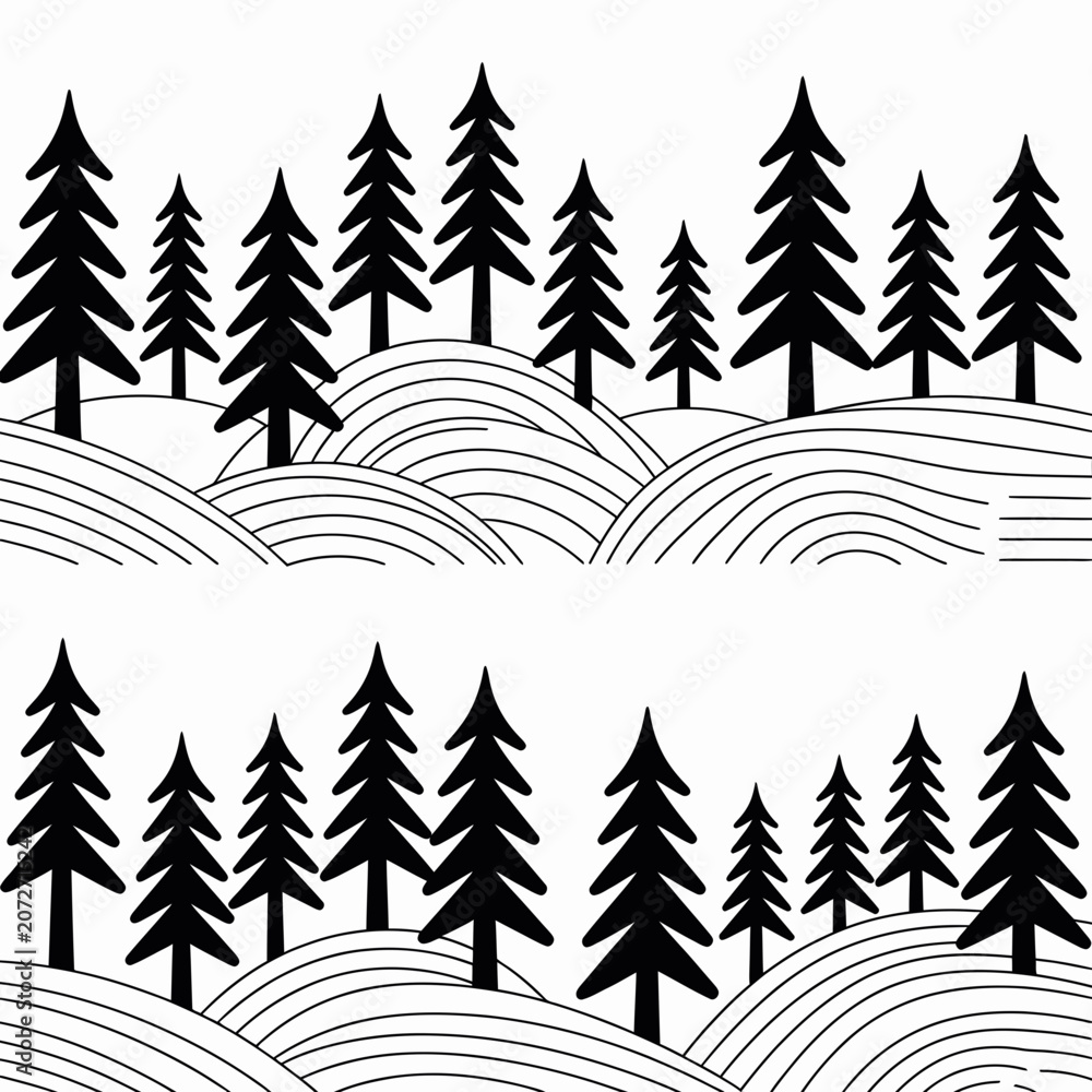 Obraz premium Black pine trees on wavy hills landscape vector illustration tree silhouettes