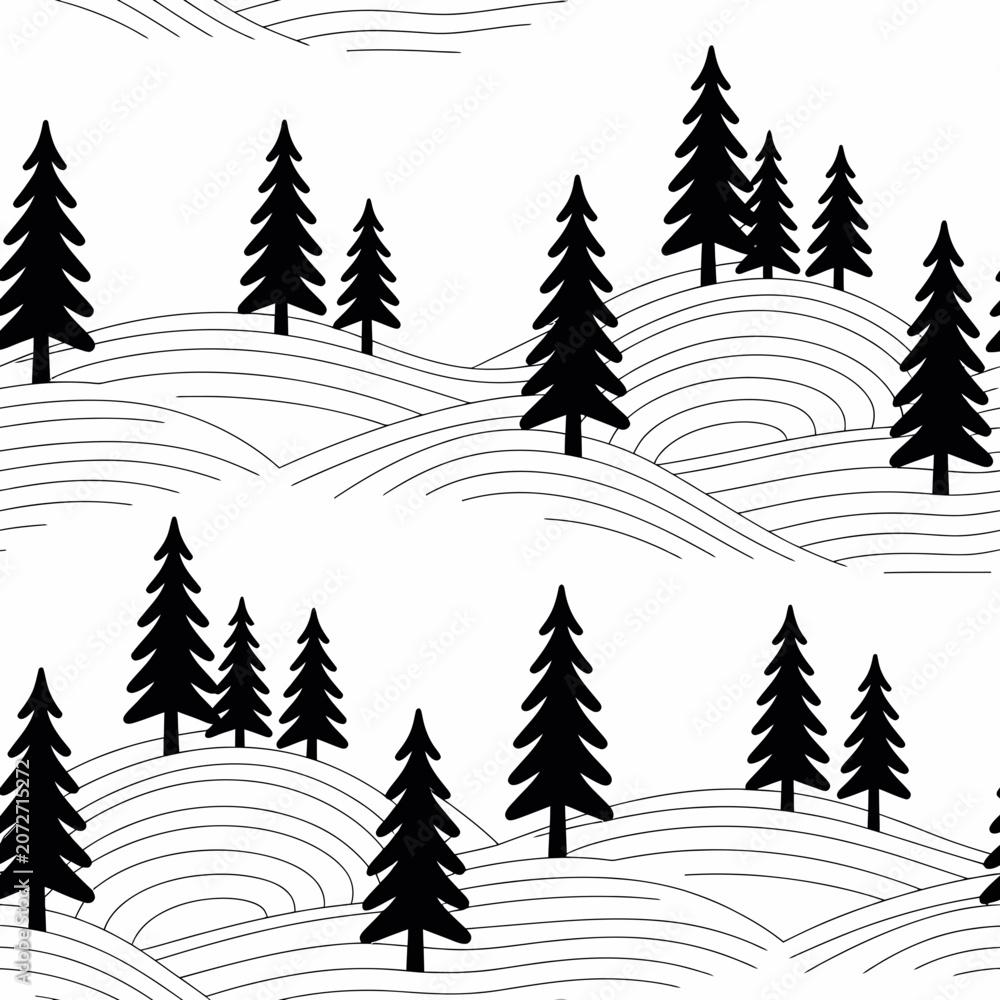 Obraz premium Black pine trees on white background vector illustration tree silhouettes forest landscape