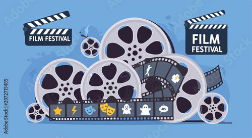 Photos Film festival graphic with film reels and clappers