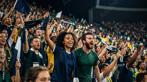Passionate soccer fans cheering and celebrating victory in a crowded stadium at night
