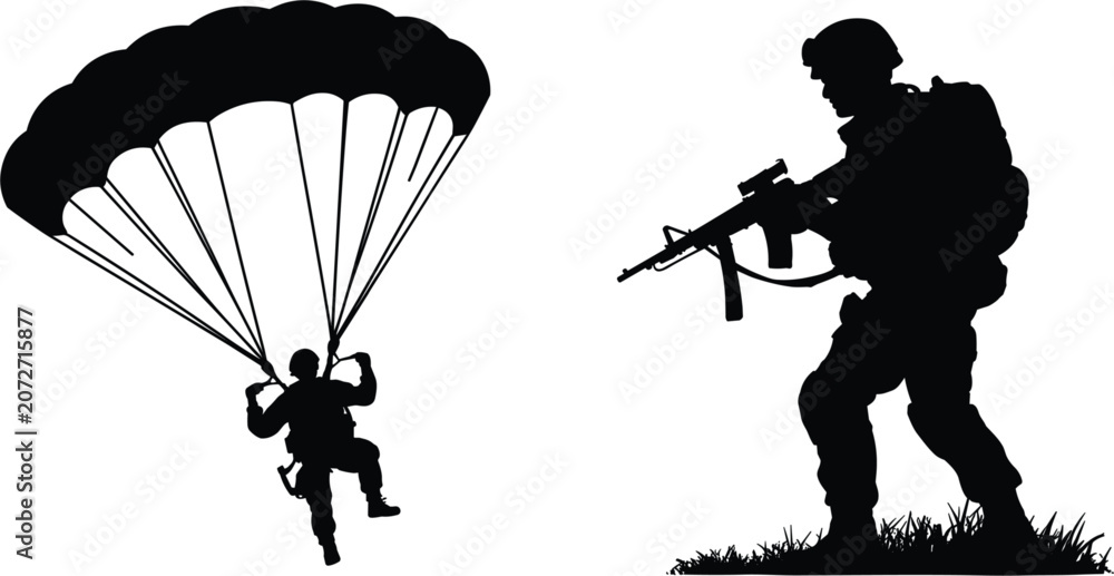 Obraz premium Military paratrooper and soldier silhouette vector, airborne assault forces icons for defense tactical operations and security