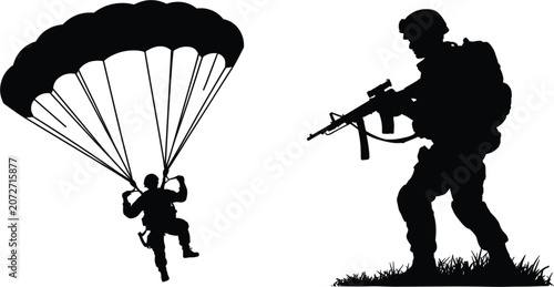 Konstfotografi Military paratrooper and soldier silhouette vector, airborne assault forces icon