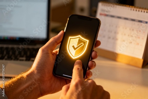 Hand holding smartphone with glowing security shield icon