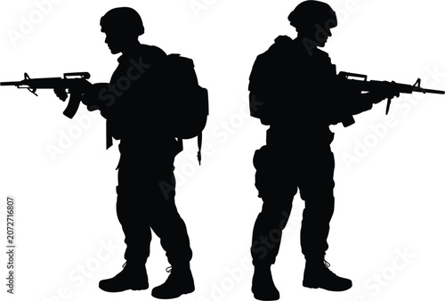 Bild auf Leinwand Military soldier silhouette vector illustration, armed infantry personnel standi