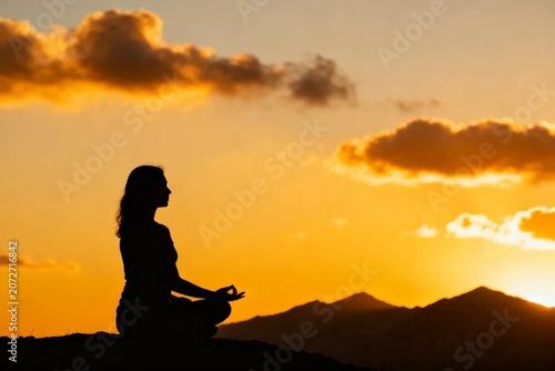 Silhouette of Woman Meditating at Sunset