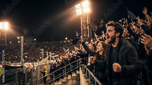 Passionate soccer fan cheering and shouting in a crowded stadium at night