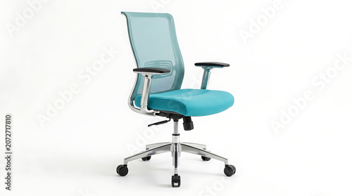 Modern ergonomic office chair in teal with adjustable armrests and wheels isolated on white background