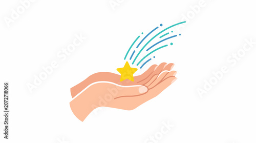 Hand holding a shining star with colorful sparkles, symbolizing achievement and success.