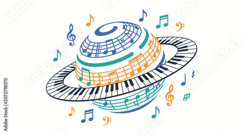 Abstract music planet with keyboard and notes