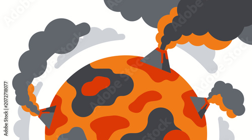Planet Earth Melting with Volcanoes Emitting Smoke, Climate Change Concept