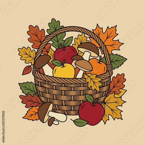 Autumn harvest basket: apples, mushrooms, pumpkins, and colorful leaves
