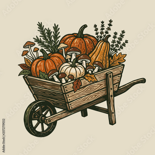 Autumn harvest wheelbarrow with pumpkins, mushrooms, and foliage
