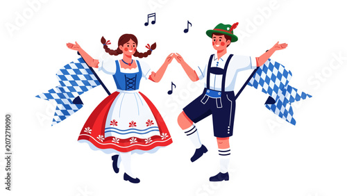 Картината върху платно Bavarian Dance Duo: A couple in traditional Bavarian attire, a dirndl for the woman and lederhosen for the man, dance joyfully to festive music, surrounded by blue and white checkered ribbons
