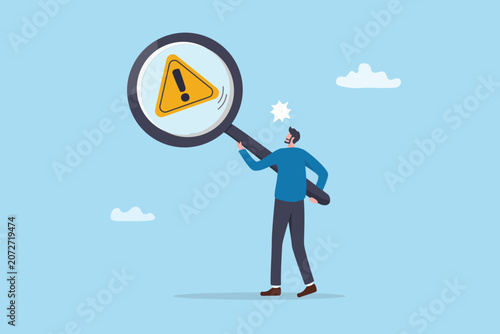 Risk inspection alert warning, error investigation, root cause analysis finding issue, threat or safety problem attention, compliance analyze concept, businessman holding magnifying glass inspection.