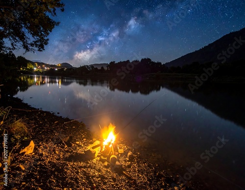 A campfire glows beside a river under a starlit night sky