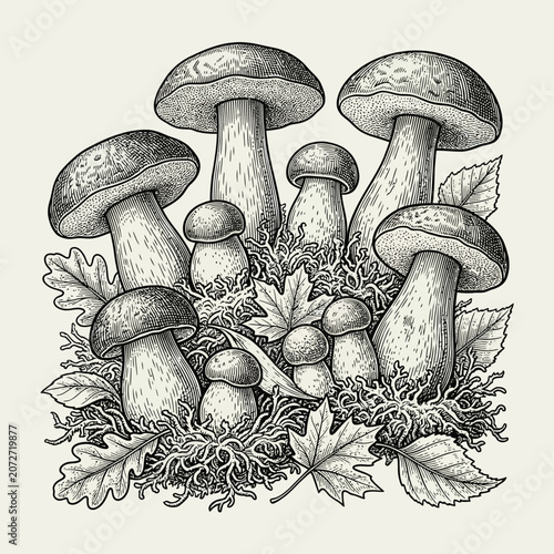 Vintage Mushroom Illustration with Leaves and Moss