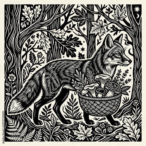 Whimsical Fox Carrying Mushroom Basket in Enchanted Forest