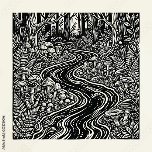 Whimsical Forest Stream with Mushrooms and Ferns, Black and White Woodcut Style