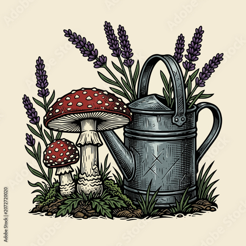 Whimsical Garden illustration: Amanita mushrooms, watering can and lavender