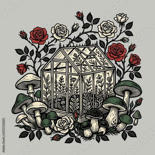 Whimsical greenhouse surrounded by roses and mushrooms