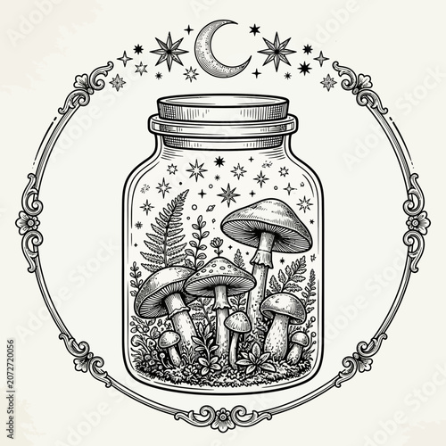 Whimsical jar with mushrooms, stars, and moon in ornate frame