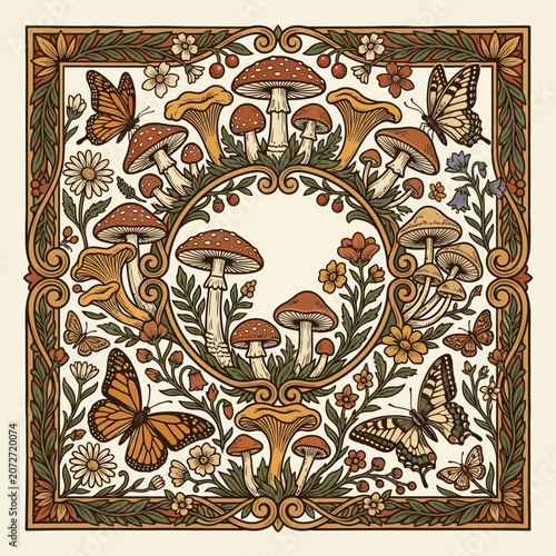 Whimsical Mushroom and Butterfly Art Nouveau Border Design
