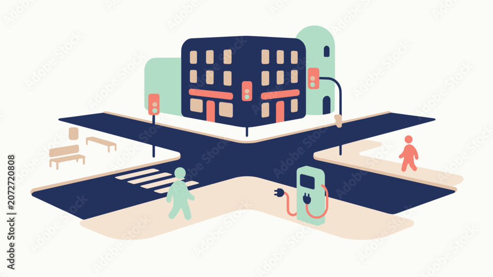 Fototapeta premium Stylized vector illustration of a modern city intersection featuring colorful buildings and electric vehicle charging stations